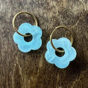 Gold Plated Blue Resin Flower Earrings